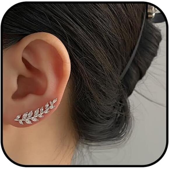 Elegant Leaf Earrings | Zirconia Crawler & Climber Style | Gold or Silver - Picture 5 of 5